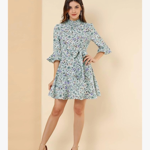 Women's Floral 3/4 Bell Sleeve Smocked Belted Flare Ruffle Dress White Mint - Picture 1 of 5
